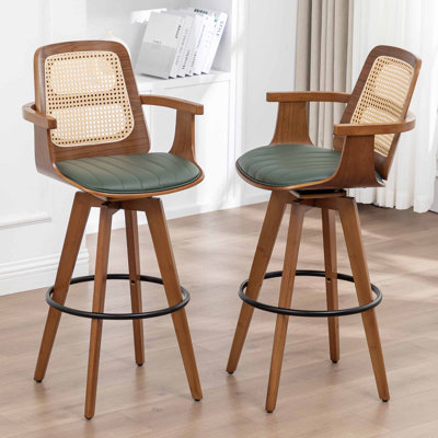 Clero Swivel Faux Leather Counter Stools With Rattan Back