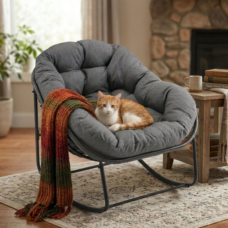  Chaise berçante d'extérieur Papasan avec coussin moelleux, chaise berçante en osier pour balcon / porche / jardin, structure en rotin renforcé toutes saisons, support de 330 lb