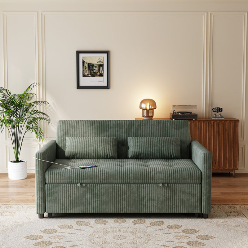 53" Green Pull Out Sleeper Sofa, Modern Convertible Loveseat Bed with Pillows & Side Pockets for Small Spaces, Green
