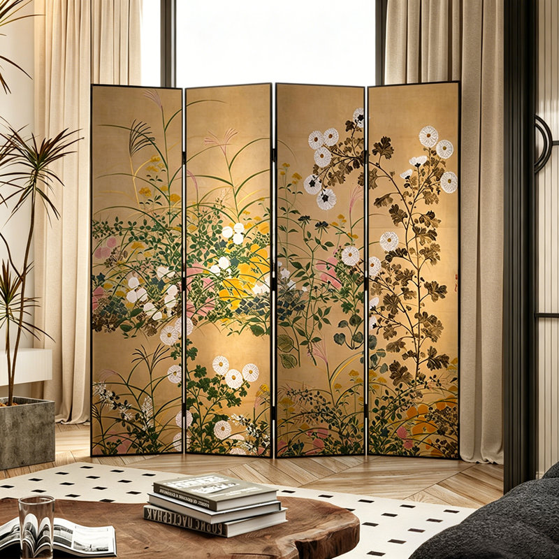 Paravent pliable en aluminium avec cadre en aluminium, imprimé floral de chrysanthème antique