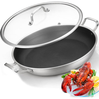 14.5 Inch Stainless Steel Paella Pan,12 Servings Paella Pan with Lid,18/10 Nonstick Large Skillet