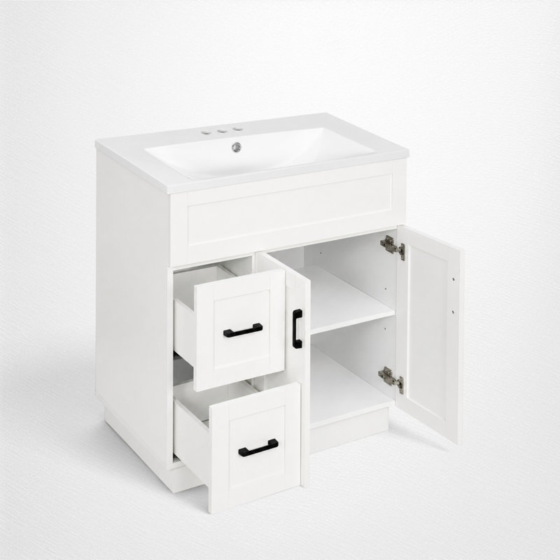 Meuble-lavabo simple de 76 cm (30 po), lavabo en résine, style traditionnel, salle de bain, White, Black
