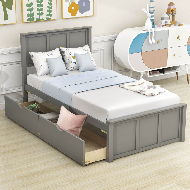 Twin Size 2 Drawers Wooden Platform Bed with Headboard, Grey