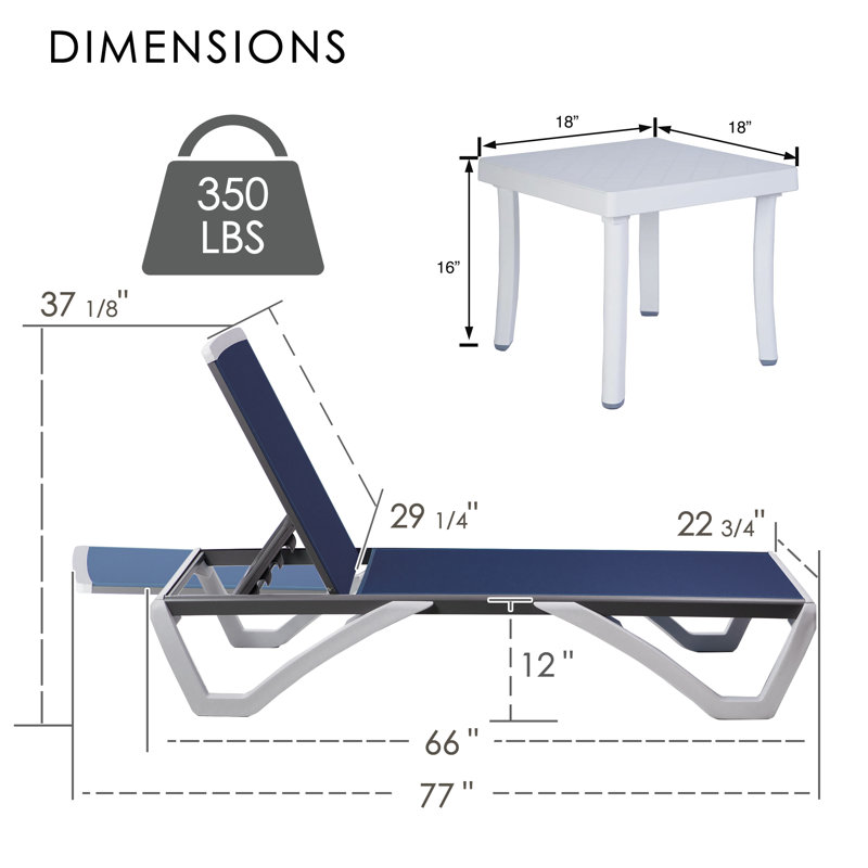 Méridienne d'extérieur Kozyard, méridienne ajustable entièrement plate avec structure en aluminium et pieds en résine, tissu textilène pour la piscine, la cour et la plage (bleu, avec table)