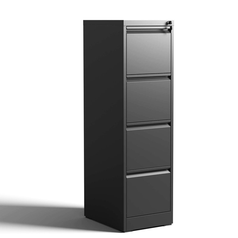 4 Drawer Vertical File Cabinet For Office/Home, Steel Construction, Corrosion Resistance, Full Extension, Tilt, Black Modern Unit Metal With Lock Extension Drawers, Tilt Design, Black, Style