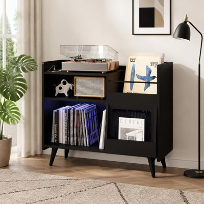 33,5 pouces Support pour tourne-disque avec porte coulissante Éclairage à DEL Station de chargement Grande armoire de rangement en vinyle pour le bureau à domicile