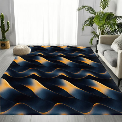 Tapis à motif dégradé moderne et abstrait bleu doré, motif fluo tourbillonnant brillant, tapis antidérapant doux et durable lavable à la machine, décoration intérieure élégante pour le salon, la chambre à coucher, le bureau, un appartement, les zones très fréquentées