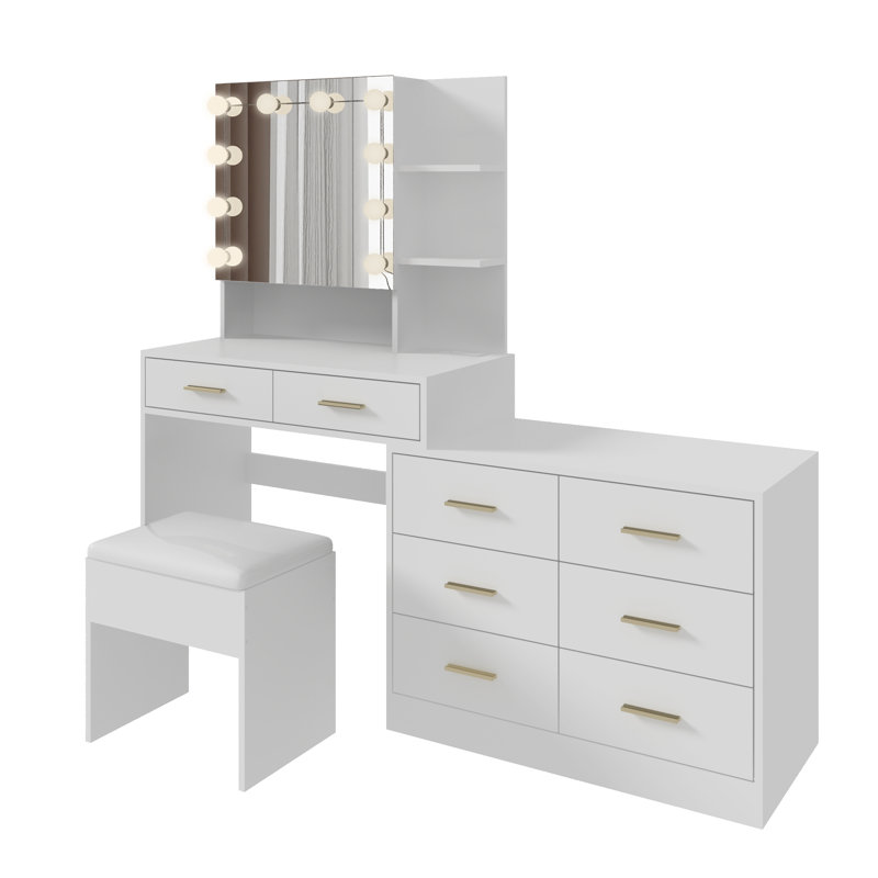 Makeup Vanity Set with Lights, USB & Power Outlet and 8 Drawers, White