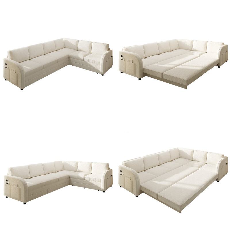 115.2" L-Shaped Sofa Couch with Pull-Out Bed, Oversize 6-Seater Convertible Sleeper Sectional Sofa with Teddy Upholstered, Left/Right Facing, Side Pockets & USB Ports