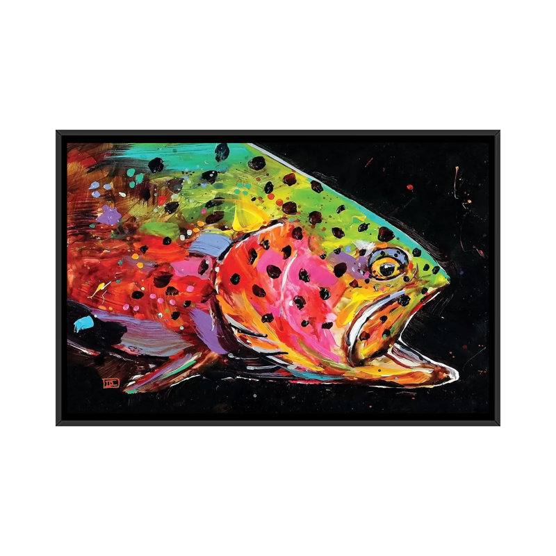 " Crazy Trout " by Dean Crouser, 18" H x 26" W x 1.5" D, No Mat, Black Floater Framed Canvas