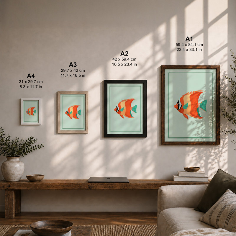 Geometric Fish Modern - Framed Print, Oak, A4 - 29.7 x 21.0 cm