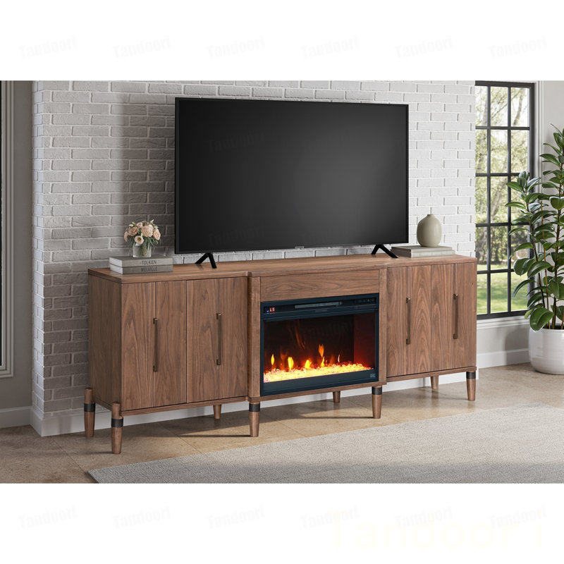 Meuble télé avec foyer pour téléviseur de 90 po ou moins, assemblage minimal, noyer