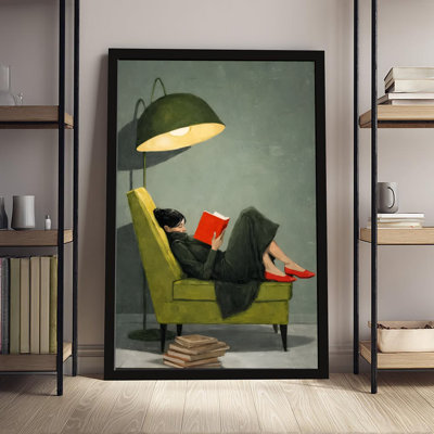 24" x 36" Black Framed Canvas Wall Art, Woman reading a red book in a green armchair, Realistic oil painting style. Print on Canvas for Living Room Bedroom