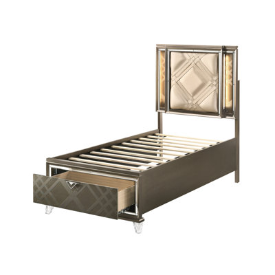 Full Bed: Dark Champagne, , Led, Storage, Synthetic Leather Shine Champagne Bed - Twinkle