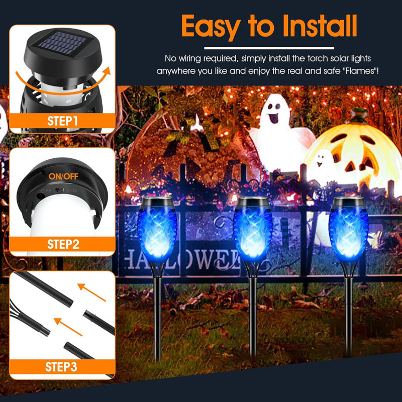 12 Packs 12LED Solar Tiki Torches with Flickering Flame, Auto On/Off,Blue
