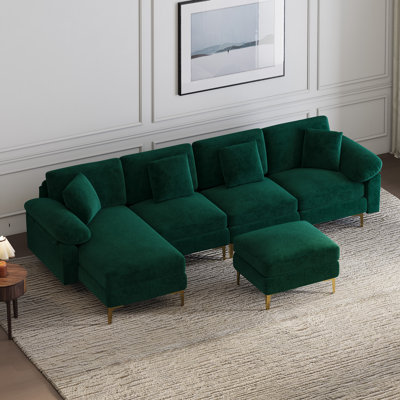 114" U Shaped Chenille Sectional Sofa with Chaise Ottoman and Gold Legs
