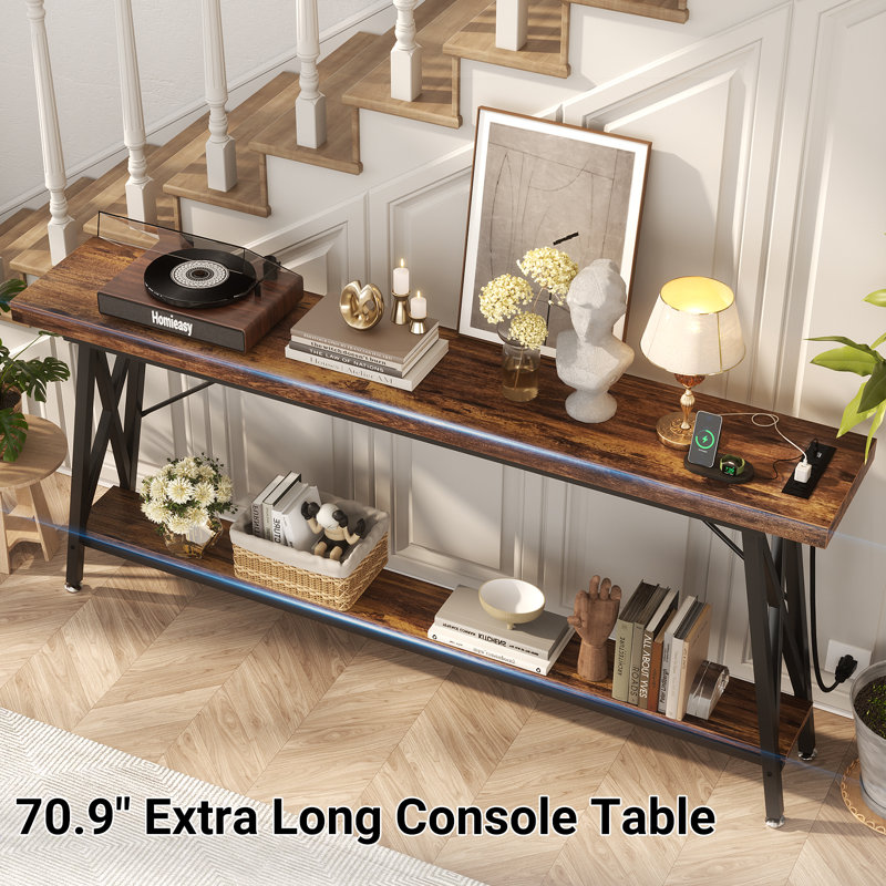 70.9'' Console Table with Charging Station, Rustic Brown