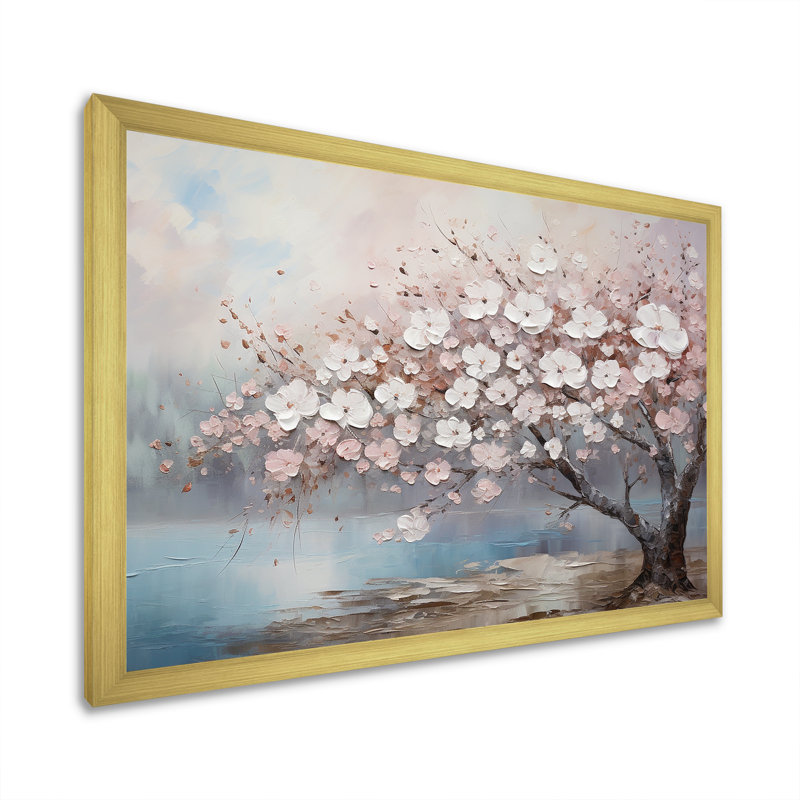 «Pink and Grey Cherry Blossom Charm I», art mural encadré de fleurs, H 30 po x l 40 po x P 1,5 po, Cadre doré simple