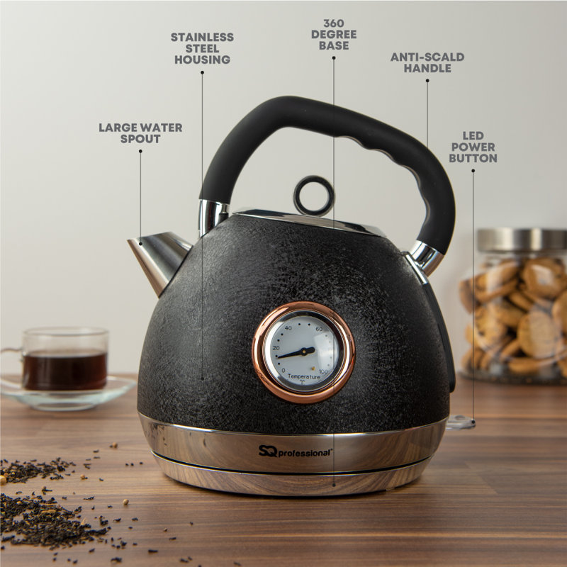 SQ Professional Epoque 1.8 L Stainless Steel Whistling Electric Tea Kettle, Black
