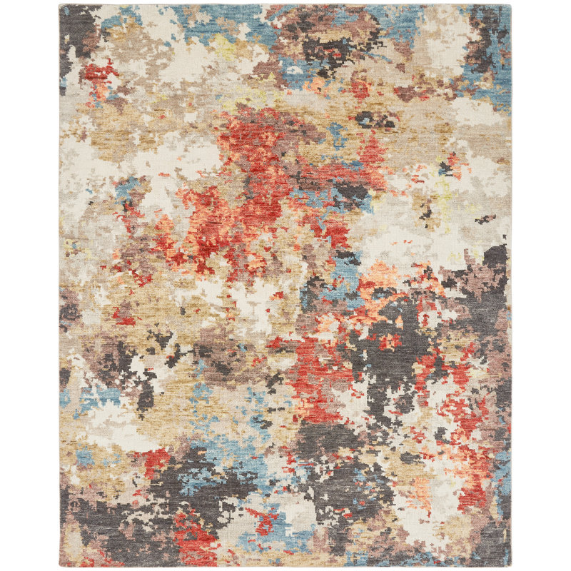 Duson Hand Knotted Wool Abstract Area Rug in Tan, Rectangle 10' x 14'