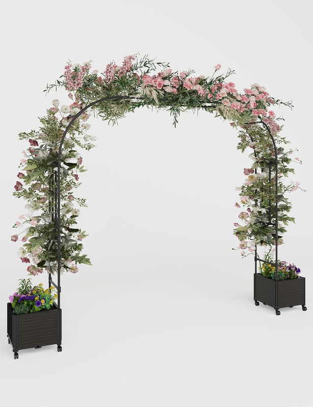 Garden Arch Trellis with Planter Box, Heavy Duty Metal Arbor for Climbing Plants & Wedding Decor, 94.5" H x 86.6" W x 15.7" D