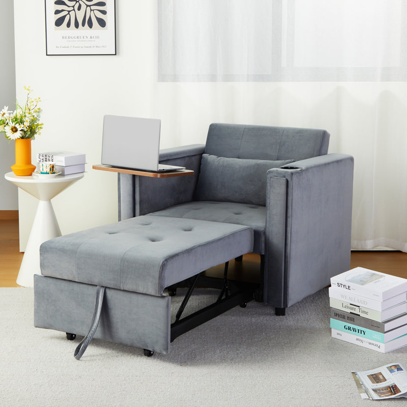 Fauteuil convertible en velours capitonné de 36,41 po de large Sancia, Velours gris
