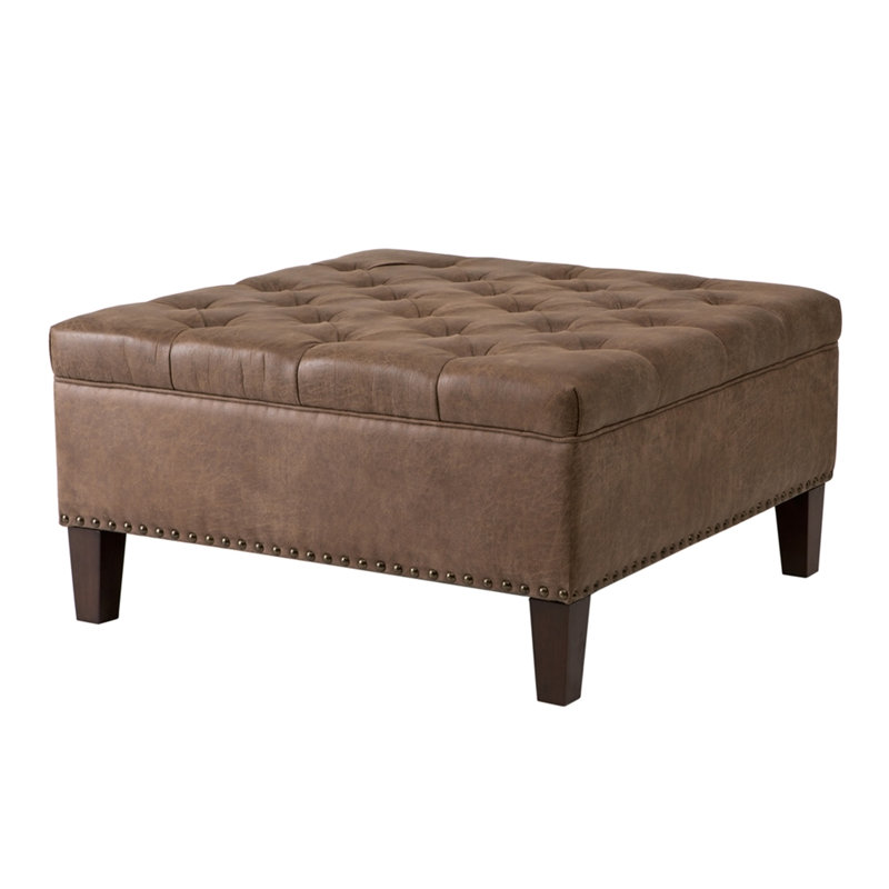 Tufted Square Cocktail Ottoman, Brown Faux Leather, Brown