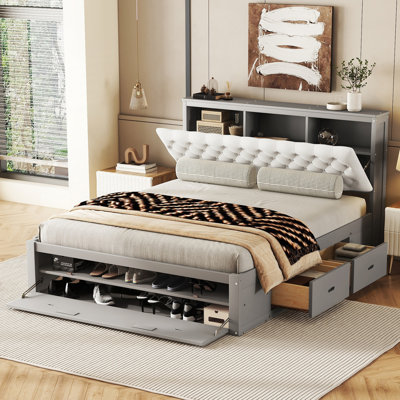 Platform Bed with Storage Headboard, shoe rack and 4 drawers by Lark Manor
