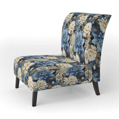 Blue And White Blooming Floral Pattern - Upholstered Farmhouse Slipper Chair, Rustic Floral Accent Chair
