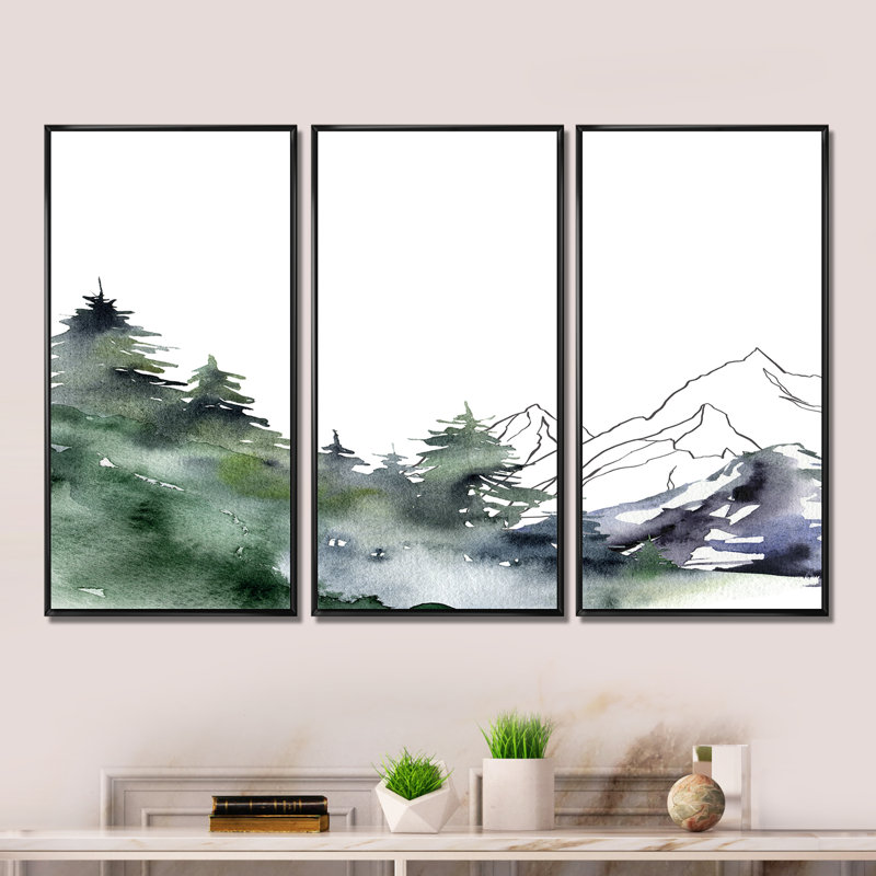 «Winter Dark Blue Mountain Landscape with Trees III», peinture sur toile flottante 3 pièces, H 28 po x l 36 po, Noir