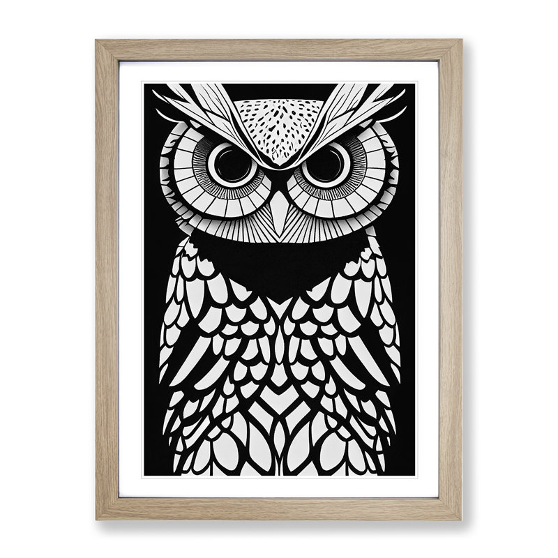 Owl Monochrome No.1 - Single Picture Frame Painting, 64cm H x 46cm W x 2cm D, Oak