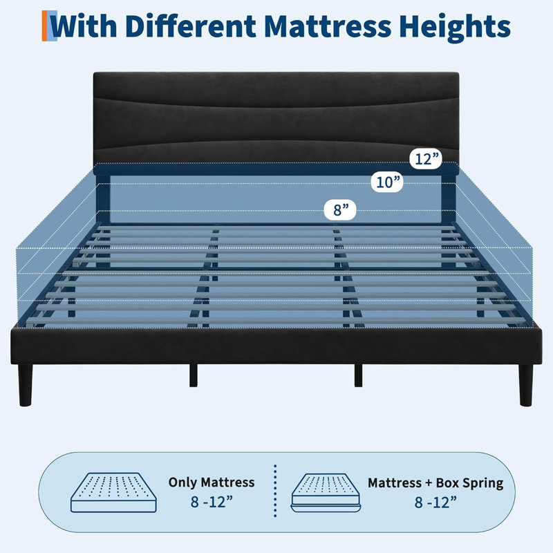 Très grande base de lit tapissier en velours avec tête de lit, support en lattes de bois, rangement sous le lit, aucun sommier requis, noir, chambre à coucher moderne