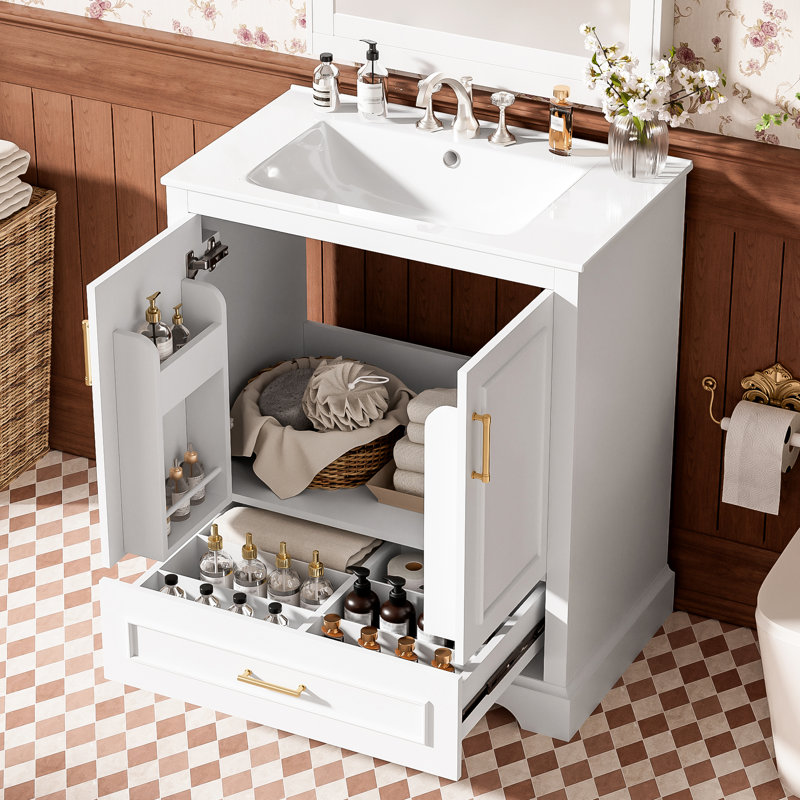 Meuble-lavabo moderne de 30 po avec lavabo en céramique, rangement bien pensé, portes à fermeture en douceur, trop-plein encastré, pied en bois massif pour cloisons de tiroir autoportantes blanches de 30 po, double porte