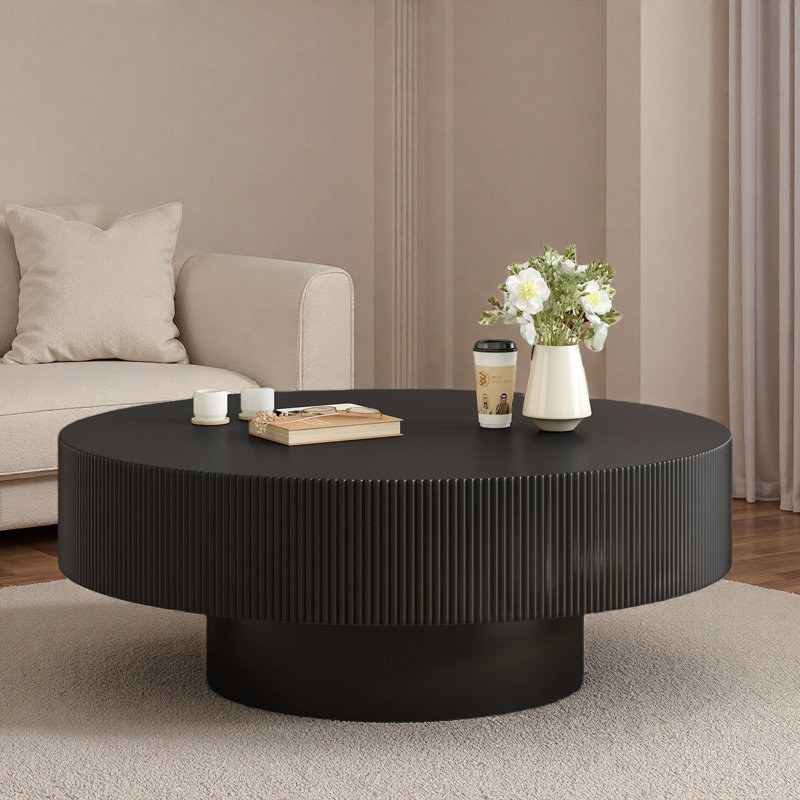 Table basse avec motif cannelé et plateau de table rond, Noir