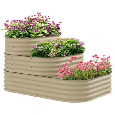 Ensemble de lit de jardin surélevé en acier galvanisé à 3 niveaux Outsunny, 62,25 po x 43 po x 32,25 po, 3 bacs à fleurs avec bordure en caoutchouc, fond ouvert pour la cour, le jardin, le patio, blanc crème
