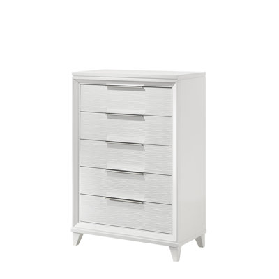 Contemporary White Textured Finish 5-Drawer Storage Tall Chest Wooden Solid Wood Bedroom Furniture