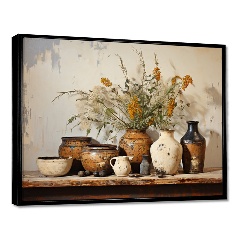 Art floral brun sur poterie rétro, H 24 po x l 32 po, Noir, Reproduction avec cadre flottant