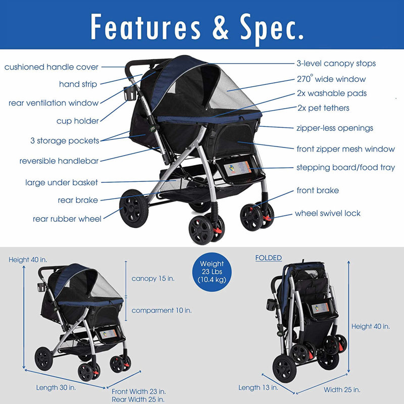 Pet Rover Premium Foldable Pet Stroller, Navy