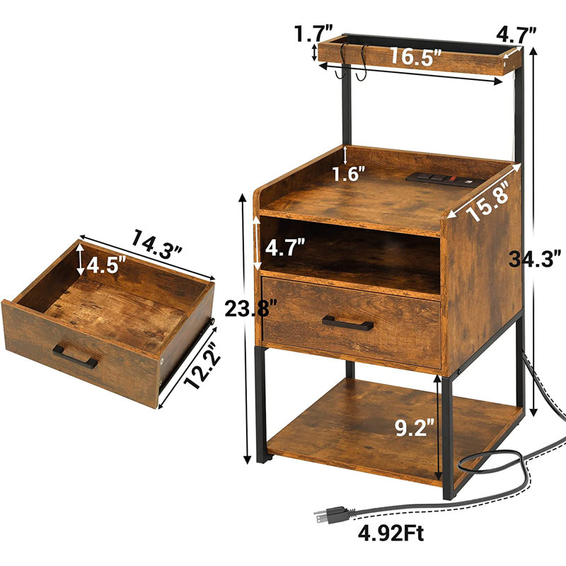 Drawer Nightstand Led Nightstand End Table Side Table, Brown