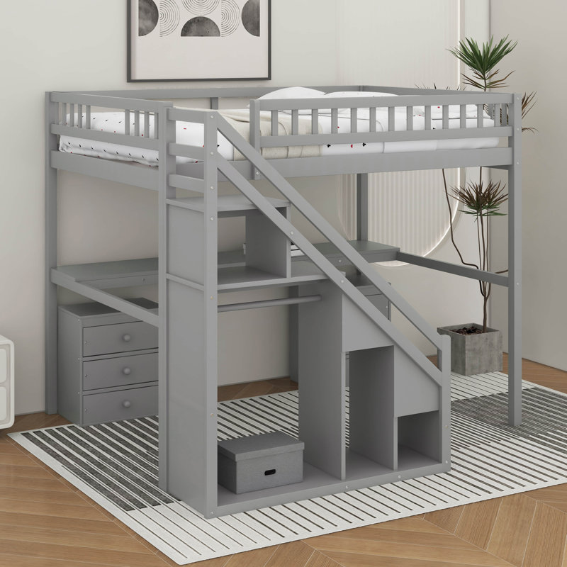 Lit mezzanine double avec tiroirs, bureau et bande lumineuse, Gris