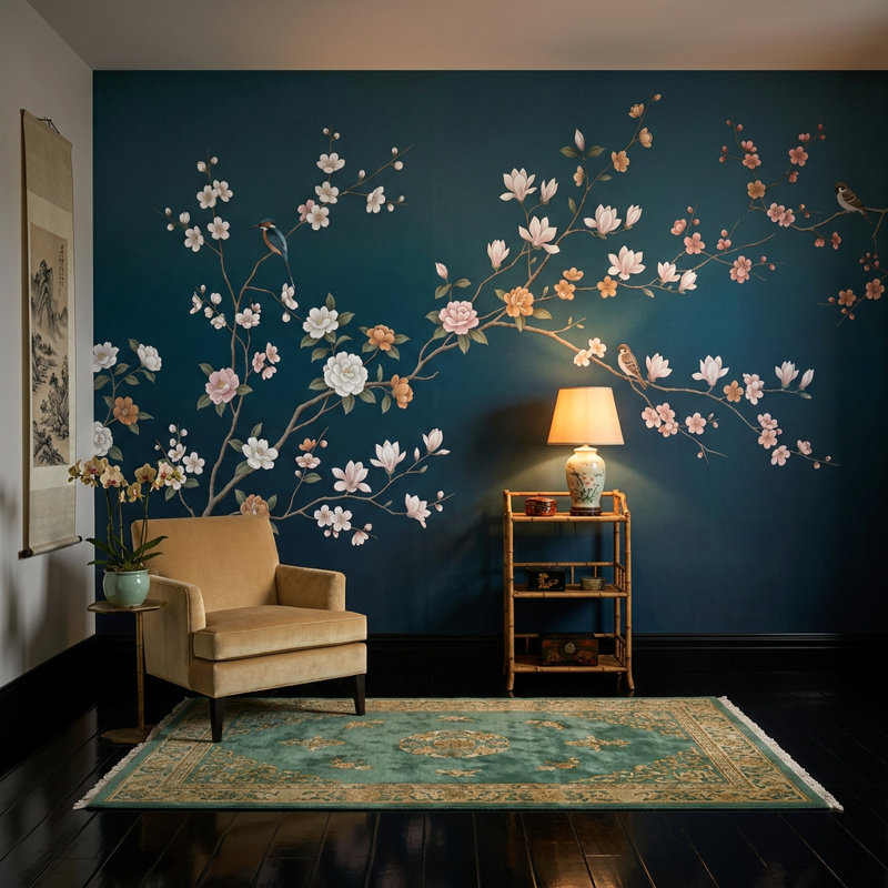 Papier peint floral chinois discret, Texturé non collé, 140 po x 108 po