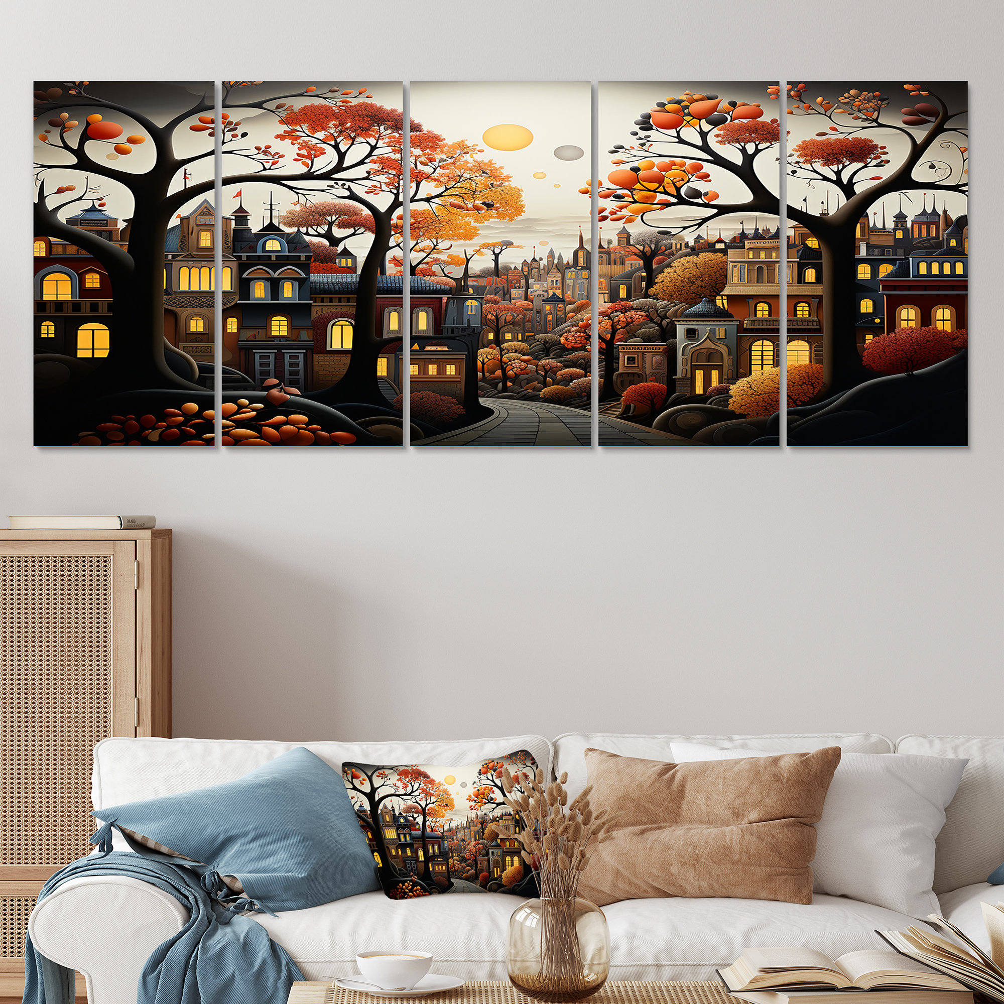 Red Barrel Studio Cozy Village In Autumn Moonlit I - City Art Deco 5 ...