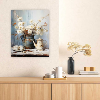 Ensemble de thé antique blanc pivoines blanches sur toile de bois ébréchée, art mural de qualité supérieure pour le salon, 32 x 24 po