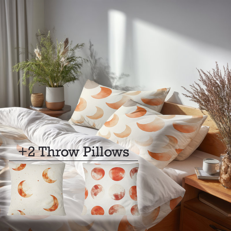 Ensemble de literie moderne 5 pièces - Ensemble de housse de couette et de coussins orange en terre cuite lune