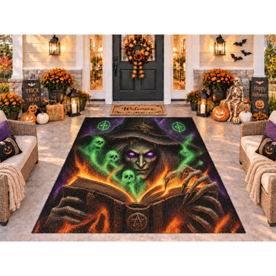 5' x 7' Outdoor Area Rug Halloween Spellbook Dark Witch Heavyweight Solid Waterproof PVC Coil Loop Carpet, Heavy Duty Patio Rug, Quick Dry Indoor Outdoor Mat for Porch Deck Balcony Entryway