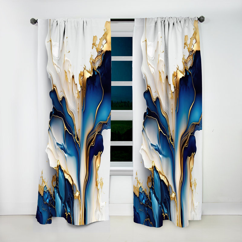 Forme géométrique abstraite marbre doré et bleu III - rideau velours marbre abstrait - 1 panneau, L 52 po x L 120 po