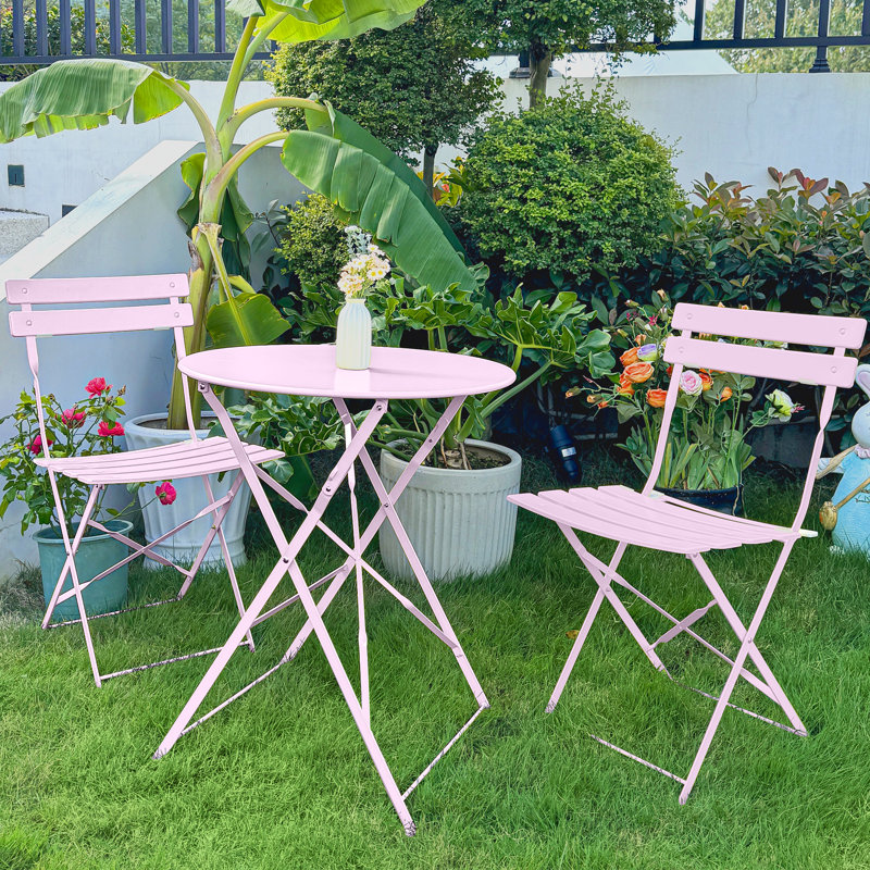 Iron Table And Folding Chair Set, 2 - Person Round Outdoor Dining Set, Pink