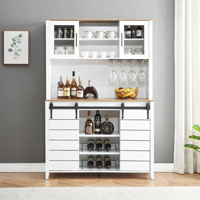 Grande armoire à vin 70 po avec portes coulissantes et porte de grange avec porte-verres et porte-bouteilles