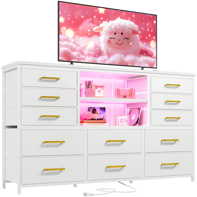 12-drawer Dresser With Led Lights & Outlets - Metal Frame Tv Stand For 60'' Screens, Versatile Use, White