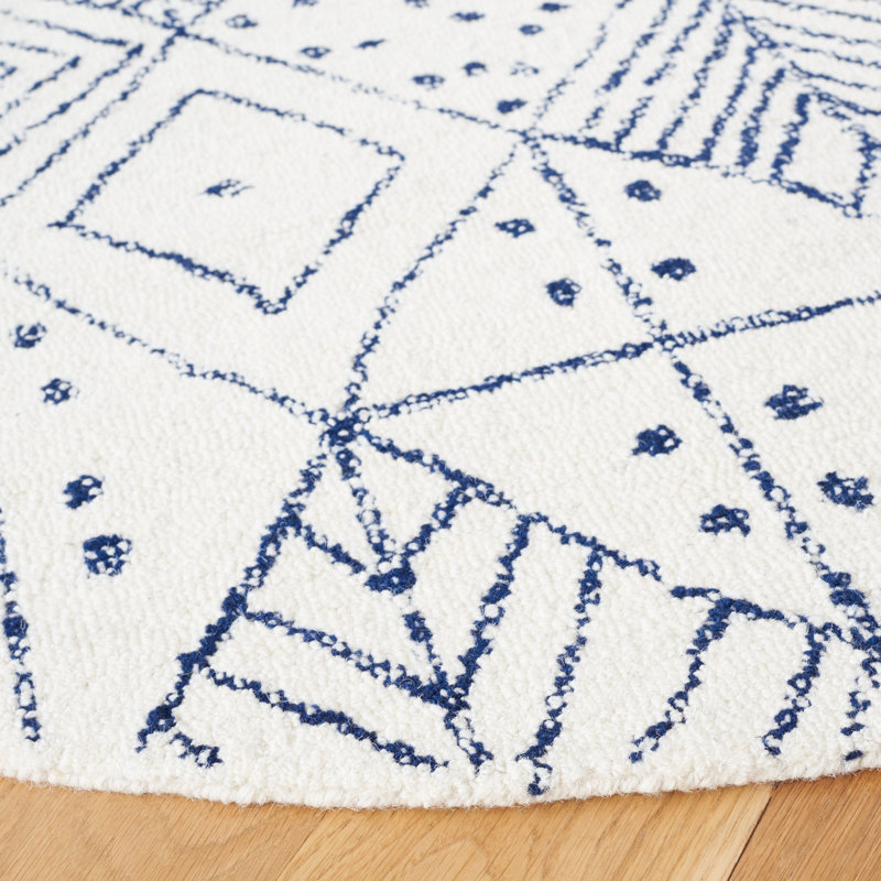 Tapis géométrique ivoire / bleu en laine / coton touffeté à la main Anaistacia, Rond 6 pi